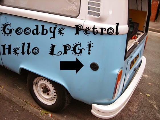 Campervan with goodbye petrol, hello LPG written on the side